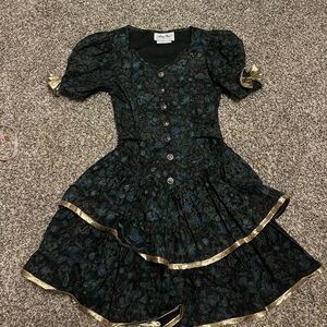 Vintage‎ Amy Too Dress Floral 80s Look Size 7 Dark Floral Gold Bows Holiday